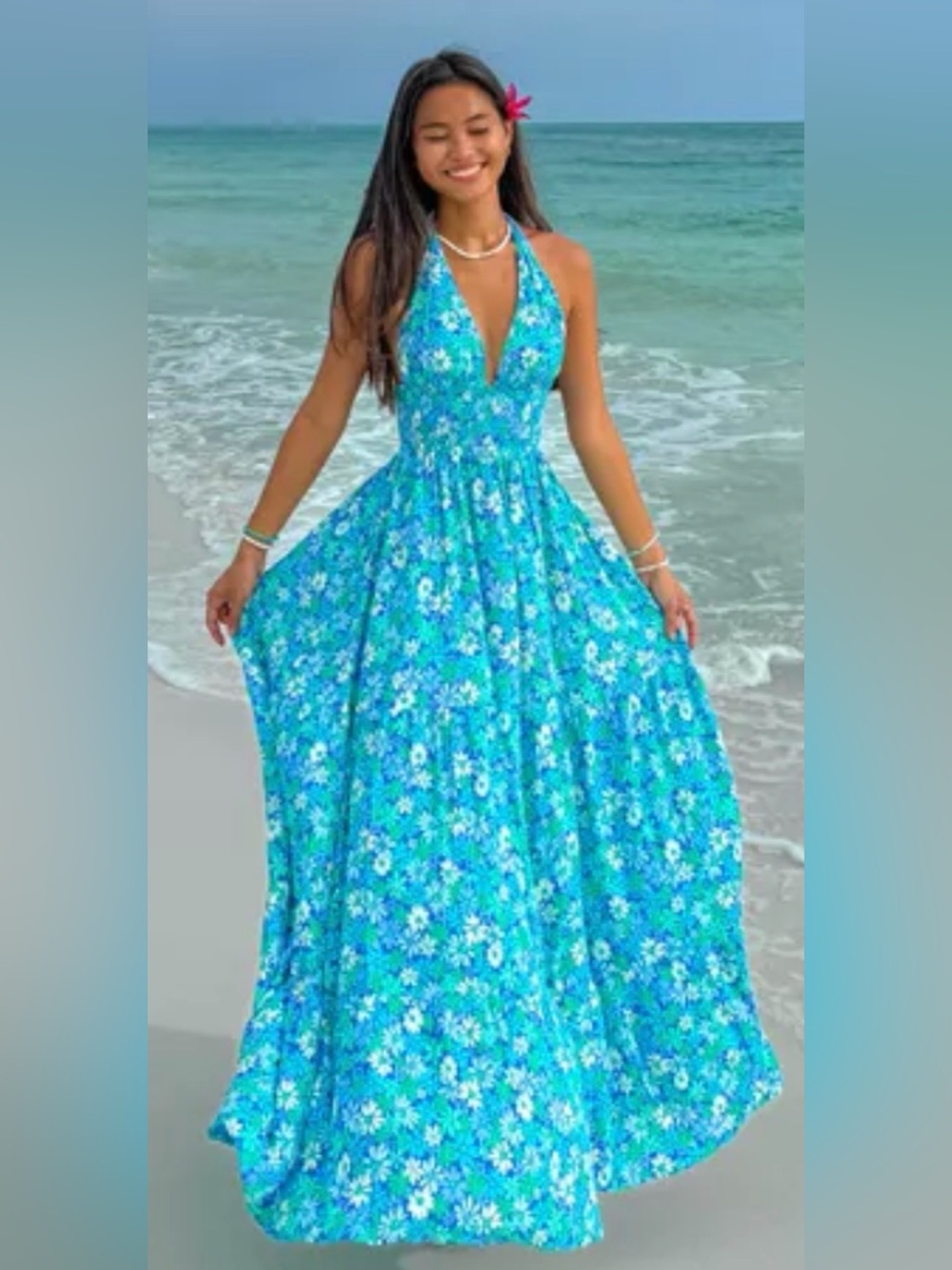 Grey Bandit Floral Blue Maxi Dress Small Beach Resort Floral Whimsy